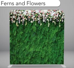 Ferns and Flowers wedding photo booth backdrop, greenery topped with white blooms