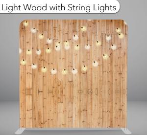 Light Wood with String Lights wedding photo booth backdrop, pale wood with bulbs strung across the top